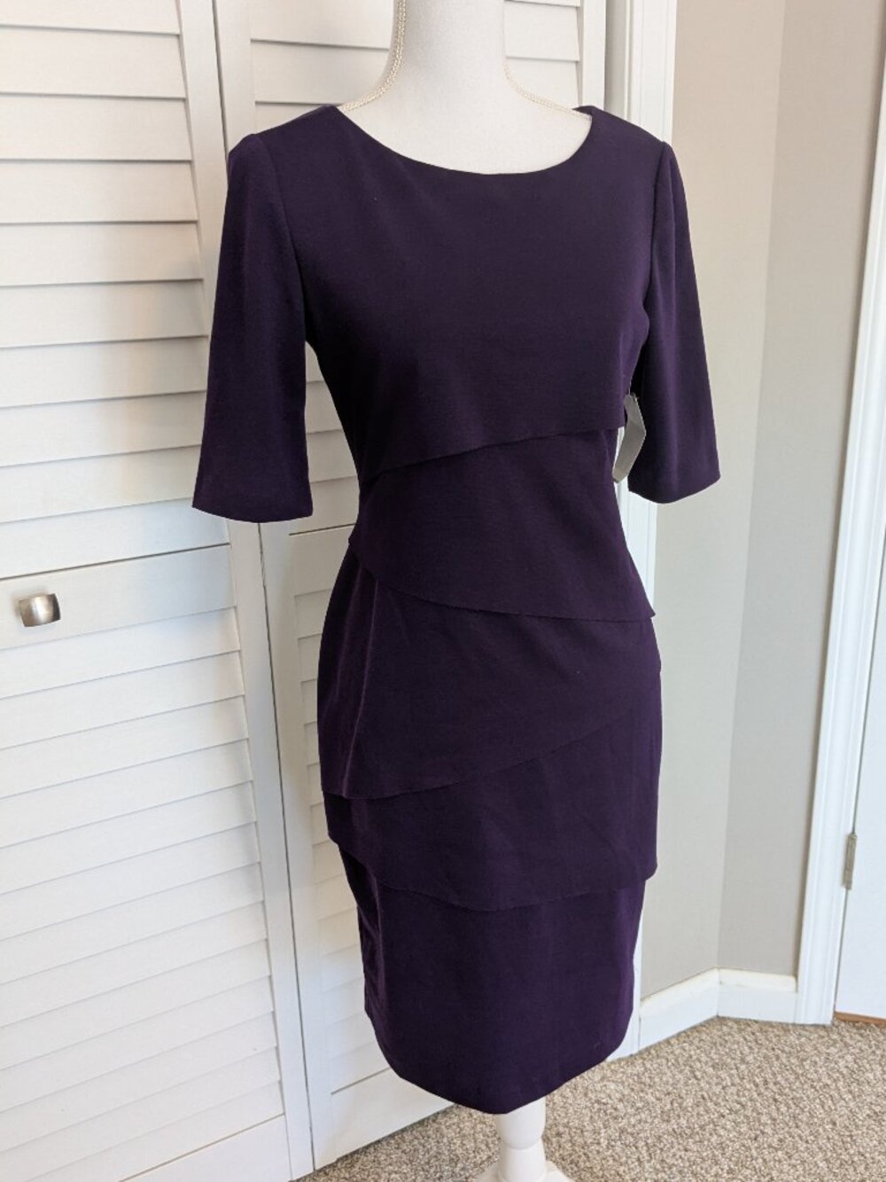 NWT Connected Apparel Eggplant Purple Tiered Sheath Dress - Size 6